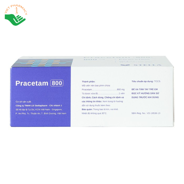 Viên nén Pracetam 800 Stella điều trị chóng mặt, suy giảm trí nhớ (6 vỉ x 15 viên)