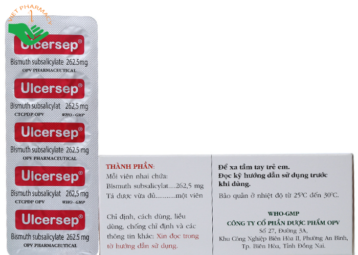 Viên nhai Ulcersep 262.5mg OPV giảm khó chịu ở dạ dày, chống tiêu chảy (10 vỉ x 10 viên)