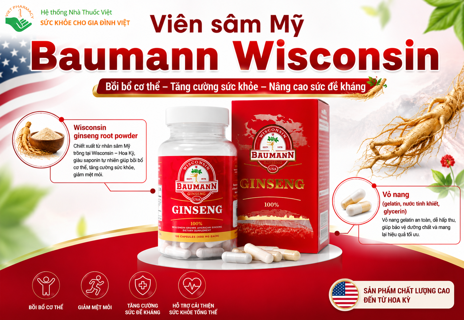 Viên sâm Mỹ Baumann Wisconsin (Hộp 60 viên)
