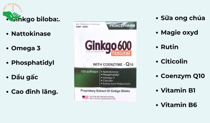 Viên uống Ginkgo 600 Natural With Coenzyme Q10 tăng cường lưu thông máu (10 vỉ x 10 viên)