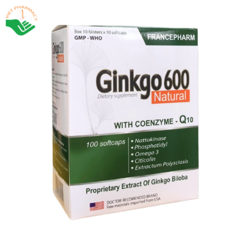 Viên uống Ginkgo 600 Natural With Coenzyme Q10 tăng cường lưu thông máu (10 vỉ x 10 viên)