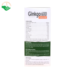 Viên uống Ginkgo 600 Natural With Coenzyme Q10 tăng cường lưu thông máu (10 vỉ x 10 viên)