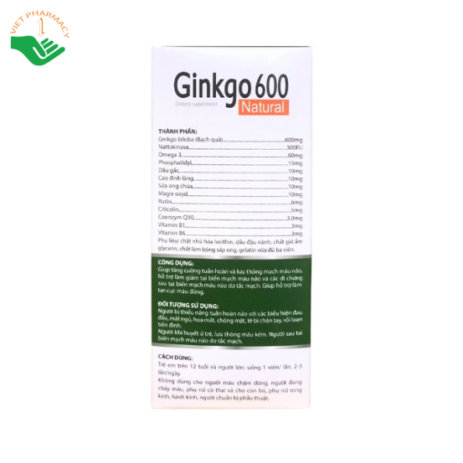 Viên uống Ginkgo 600 Natural With Coenzyme Q10 tăng cường lưu thông máu (10 vỉ x 10 viên)