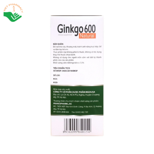 Viên uống Ginkgo 600 Natural With Coenzyme Q10 tăng cường lưu thông máu (10 vỉ x 10 viên)