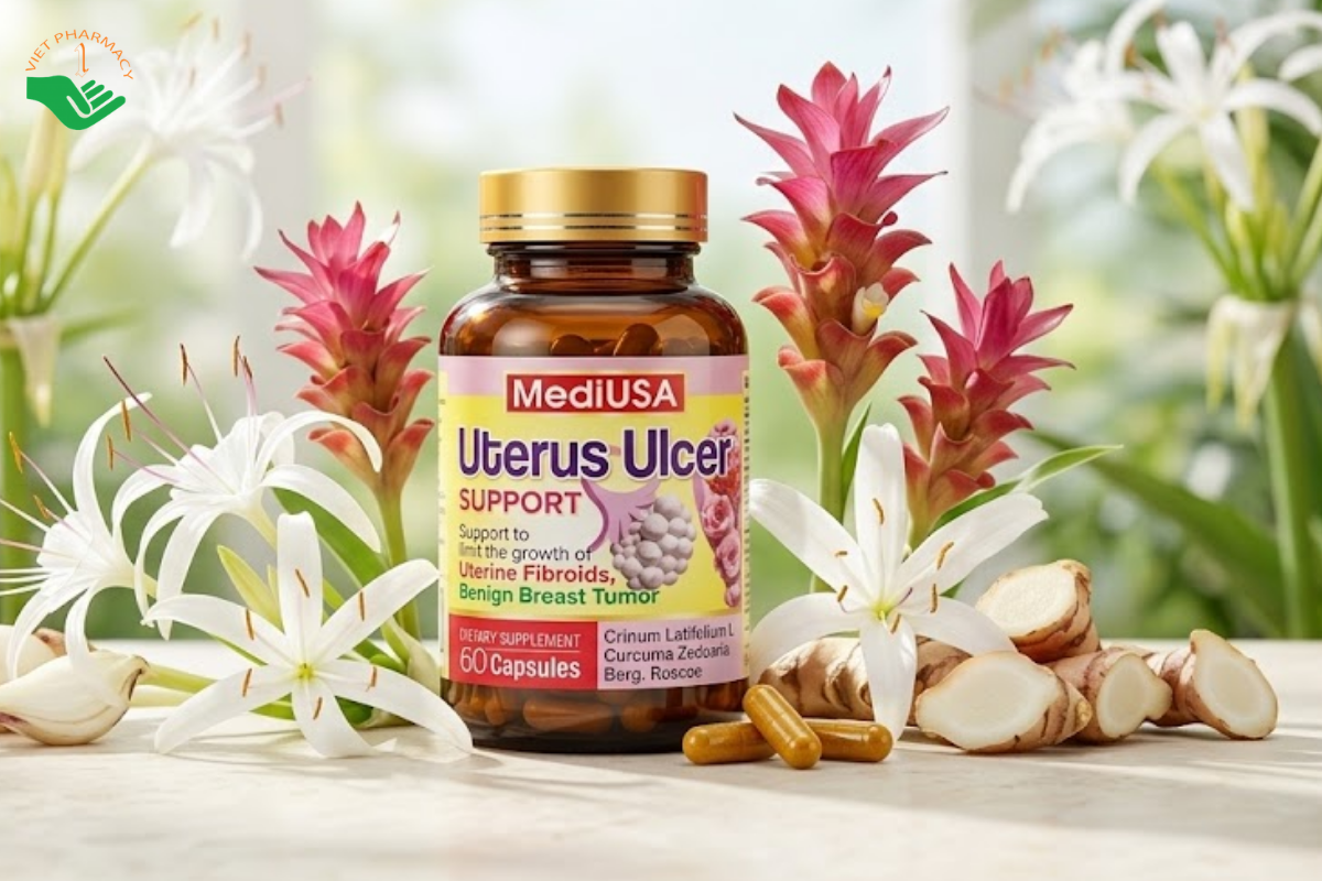 Viên uống Uterus Ulcer Support giúp hỗ trợ hạn chế sự phát triển của u xơ tử cung, u vú lành tính (Hộp 60 viên)