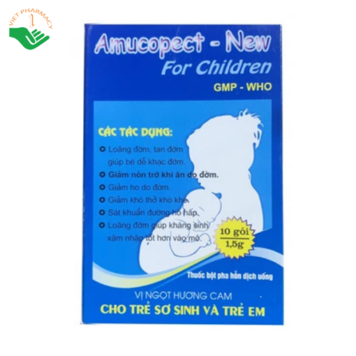 Thuốc bột Amucopect-New For Children Pharbaco hương cam giúp loãng đờm, tan đờm (10 gói x 1.5g)