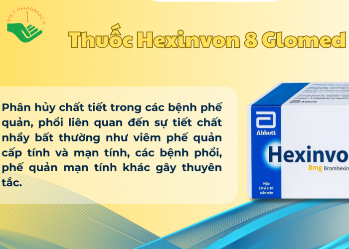 Thuốc Hexinvon 8 Glomed điều trị tiết chất nhầy bất thường trong viêm phế quản cấp tính và mạn tính (10 vỉ x 10 viên)