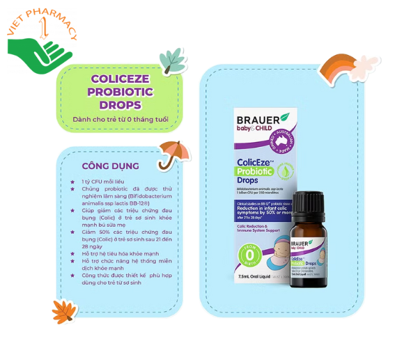 Men vi sinh dạng lỏng BRAUER Baby & Child ColicEze Probiotic Drops giúp giảm đau bụng cho trẻ (7.5ml)
