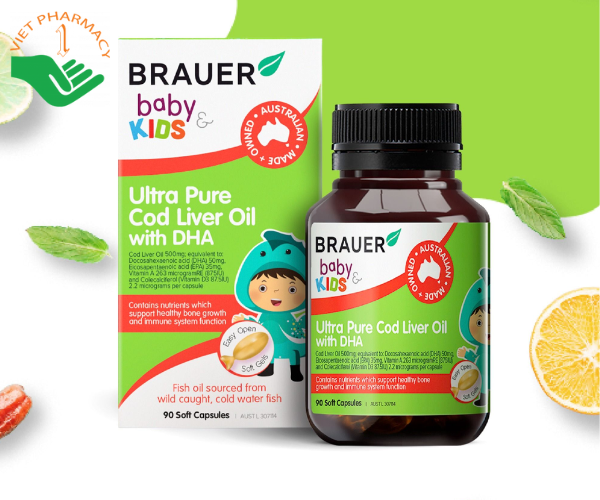 Viên uống BRAUER Baby & Kids Ultra Pure Cod Liver Oil with DHA cho trẻ từ 1 tuổi (Hộp 90 viên)
