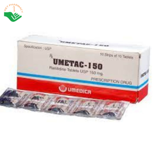 Thuốc Umetac-150 điều trị loét tá tràng cấp tính, loét dạ dày lành tính (Hộp 10 vỉ x 10 viên)