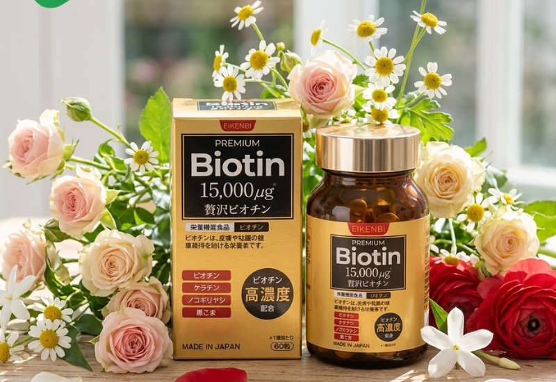 Viên uống Premium Biotin 15,000µg Eikenbi – Giảm rụng tóc, kích thích mọc tóc và hỗ trợ đen tóc