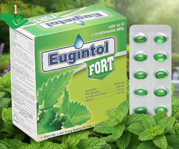 Thuốc Eugintol Fort điều trị các chứng ho do đau họng, sổ mũi, cảm cúm (Hộp 10 vỉ x 10 viên)