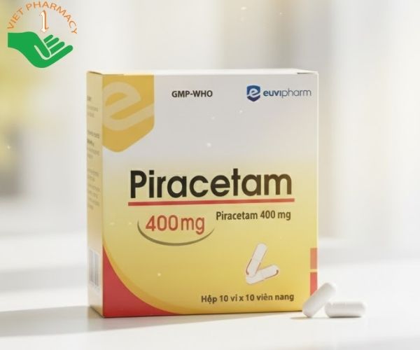Thuốc Piracetam 400mg Euvipharm trị chóng mặt, rối loạn chức năng não (Hộp 10 vỉ x 10 viên)