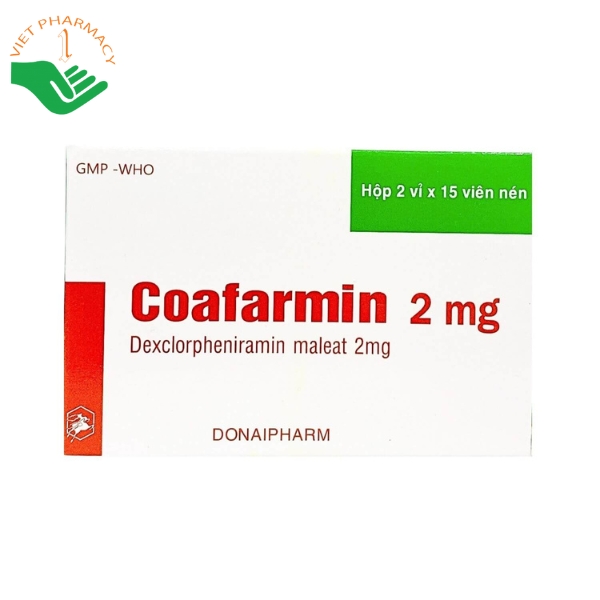 Thuốc Coafarmin 2mg điều trị dị ứng và giảm triệu chứng mề đay (Hộp 2 vỉ x 15 viên)