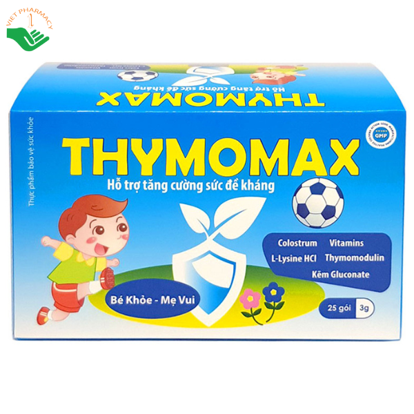 Thymomax (xanh) hỗ trợ ăn ngon miệng và hỗ trợ tăng cường sức đề kháng (Hộp 25 gói x 3g)
