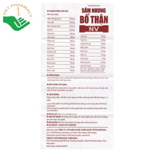 Viên uống Sâm Nhung Bổ Thận NV Hỗ Trợ Bổ Thận Và Tăng Cường Sinh Lực Nam Giới (Hộp 30 Viên)