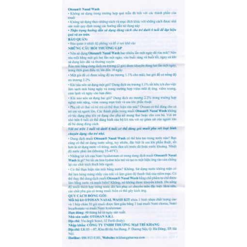 Dung dịch muối rửa mũi OTOSAN NASAL WASH loại bỏ dư thừa chất nhầy, chất ô nhiễm không khí (30 gói)