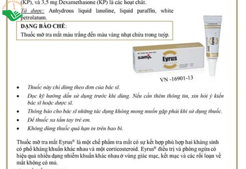 Thuốc mỡ tra mắt Eyrus trị nhiễm khuẩn mắt (Tuýp 3.5g)
