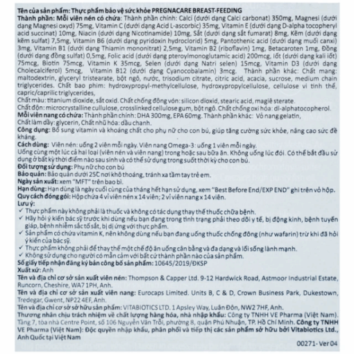 Thực phẩm bảo vệ sức khỏe Pregnacare Breast Feeding Bổ sung vitamin và khoáng chất cho phụ nữ cho con bú