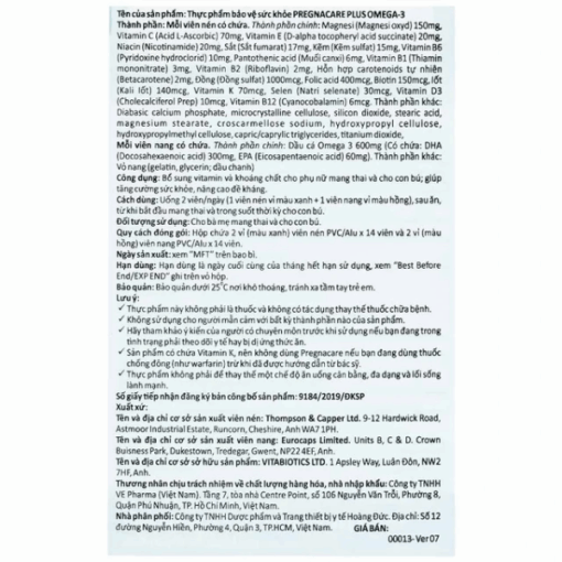Viên Uống PREGNACARE PLUS OMEGA-3 Bổ sung vitamin và khoáng chất cho phụ nữ mang thai và cho con bú