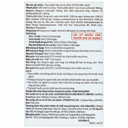 Siro Vitabiotics Osteocare Liquid chắc xương khoẻ khớp bổ sung canxi khoáng chất (lọ 200ml)