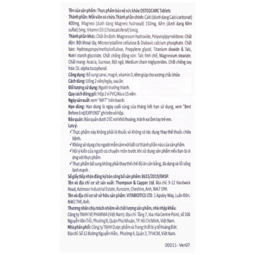 Viên Vitabiotics Osteocare bổ sung canxi chắc xương khoẻ khớp cho người lớn tuổi (30 viên)