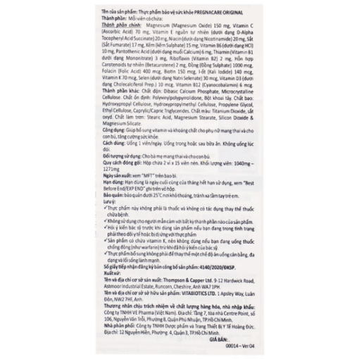 Viên Uống Vitabiotics Pregnacare Original bổ sung vitamin khoáng chất cho phụ nữ mang thai và cho con bú