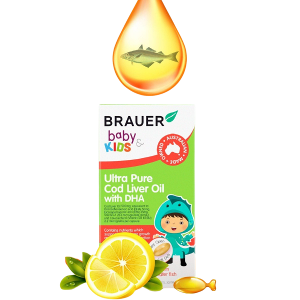 Viên uống BRAUER Baby & Kids Ultra Pure Cod Liver Oil with DHA cho trẻ từ 1 tuổi (hũ 90 viên)