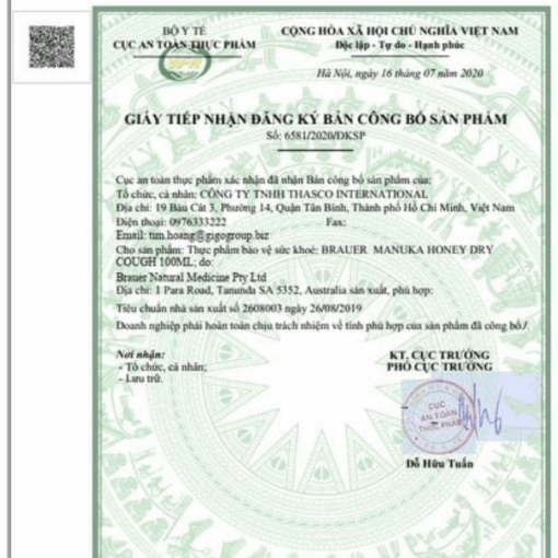 Siro Brauer Manuka Honey Dry Cough giảm ho dạng lỏng cho trẻ em (chai 100ml)