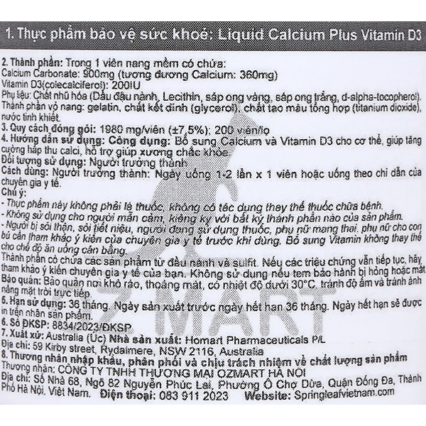 Viên Uống Canxi Với Vitamin D3 SpringLeaf (200 viên)