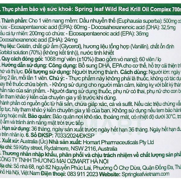 Viên Uống Dầu Nhuyễn Thể Nam Cực Đỏ Phức Hợp 700mg SpringLeaf (60 viên)