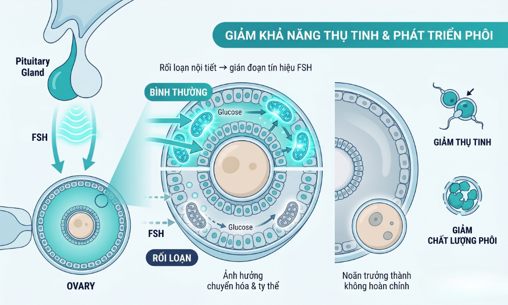 Khi nội tiết rối loạn, tín hiệu FSH bị mờ nhạt, khiến các tế bào hạt thiếu năng lượng để hỗ trợ noãn trưởng thành