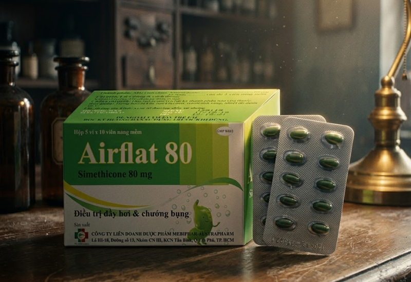 Thuốc trị đầy hơi trướng bụng Airflat 80 Mebiphar (Hộp 5 vỉ x 10 viên)