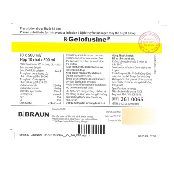 Dung dịch tiêm truyền thay thế thể tích huyết tương Gelofusine B.Braun (Chai 500ml)