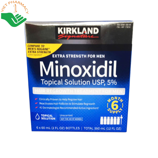 Dung dịch mọc tóc Minoxidil 5% Hair Regrowth Treatment Kirkland hỗ trợ kích thích mọc tóc, giảm rụng tóc (Hộp 6 ống x 60ml)