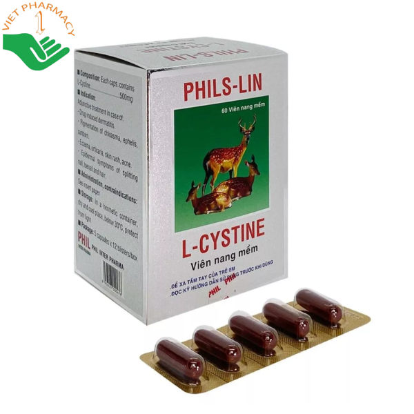 Viên nang mềm L-Cystine 500mg Phils Lin hỗ trợ điều trị viêm da, giảm rụng tóc và giúp móng tóc chắc khỏe (Hộp 12 vỉ x 5 viên)