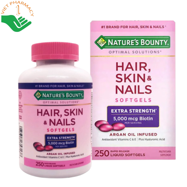 Viên uống Hair, Skin & Nails Nature's Bounty hỗ trợ nuôi dưỡng da sáng khỏe, tóc chắc khoẻ, móng cứng cáp và bổ sung vitamin, khoáng chất cho cơ thể (Hộp 250 viên)