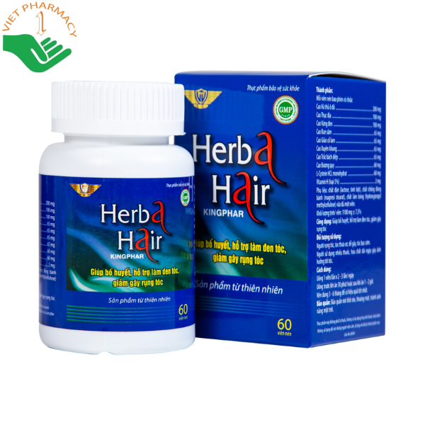 Viên uống Herba Hair Kingphar hỗ trợ dưỡng tóc, làm đen tóc, giảm gãy rụng (Hộp 60 viên)
