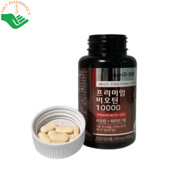 Viên uống Premium Biotin 10000mcg Nutri D-Day giúp giảm rụng tóc, kích thích mọc tóc, hỗ trợ da sáng khỏe và móng chắc khỏe (Hộp 90 viên)