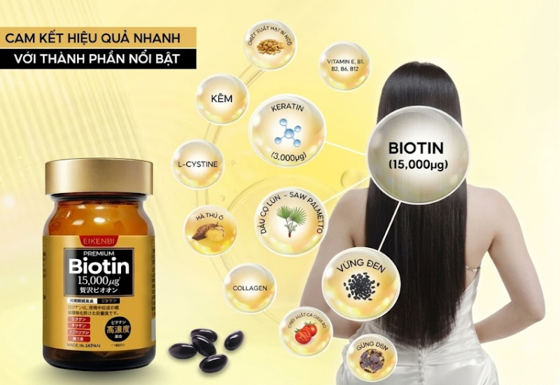 Viên uống Premium Biotin 15,000µg Eikenbi giúp giảm rụng tóc, kích thích mọc tóc, hỗ trợ đen tóc và nuôi dưỡng tóc chắc khỏe (Hộp 60 viên)