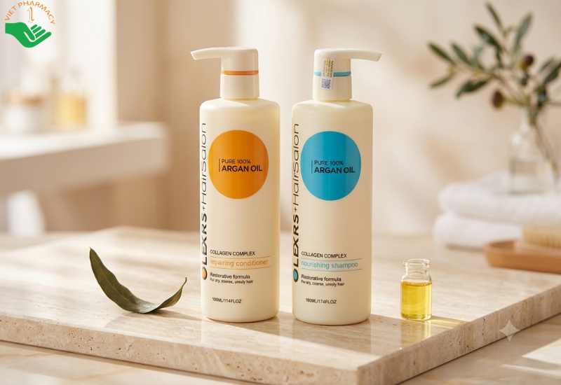 Bộ gội và xả Hair Salon Argan Oil Collagen Complex Olexrs giúp mọc tóc và chống khô xơ, dưỡng tóc bóng mượt hơn (Dầu gội 500ml + Dầu xả 500ml)