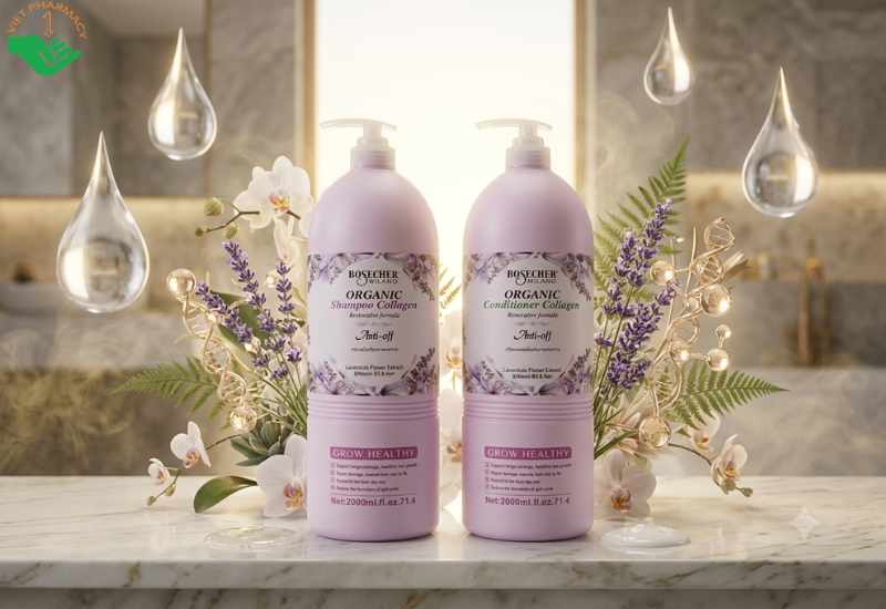 Cặp gội và xả Collagen Organic Bosecher loại bỏ bụi bẩn trên da đầu, nuôi dưỡng tóc từ bên trong (Cặp 2000ml)