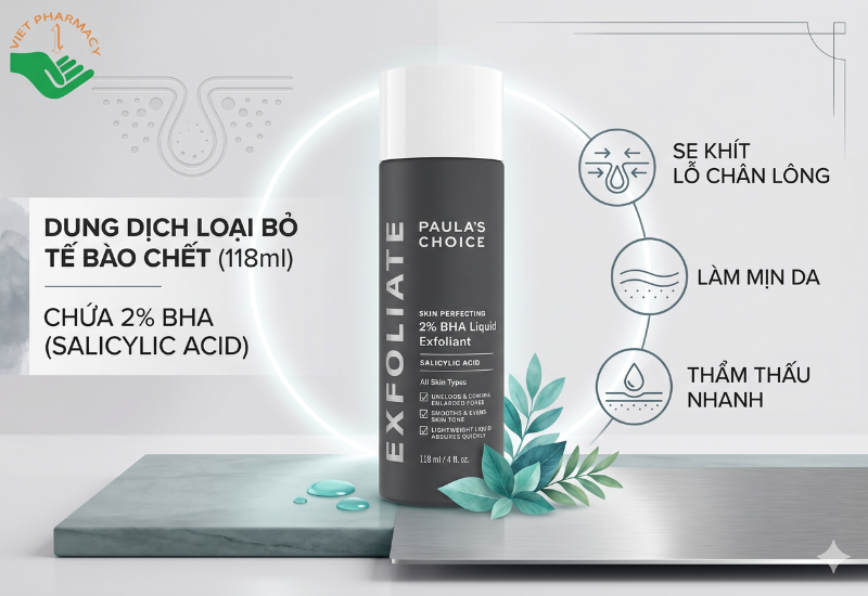 Dung dịch loại bỏ tế bào chết Skin Perfecting 2% BHA Liquid Exfoliant Paula's Choice giảm mụn, thông thoáng lỗ chân lông (Chai 118ml)