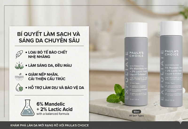 Dung dịch loại bỏ tế bào chết Skin Perfecting 6% Mandelic Acid + 2% Lactic Acid Liquid Exfoliant Paula's Choice loại bỏ da khô và làm sáng da (Chai 88ml)