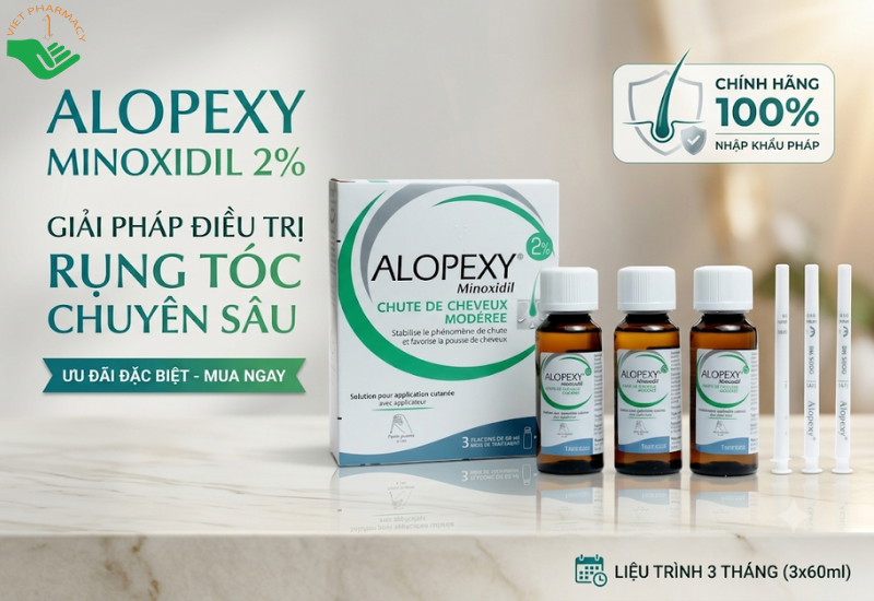 Dung dịch Minoxidil 2% Alopexy kích thích mọc tóc và giảm rụng tóc (Hộp 3 lọ)