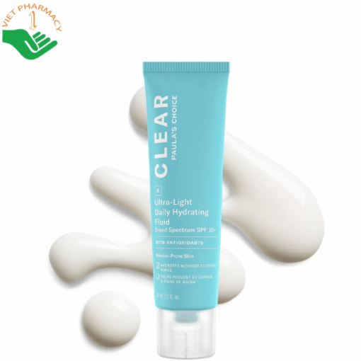 Kem chống nắng dạng sữa cho da dầu mụn Clear Ultra-Light Daily Hydrating Fluid Broad Spectrum SPF 30+ Paula's Choice dưỡng ẩm và phục hồi da (Tuýp 60ml)