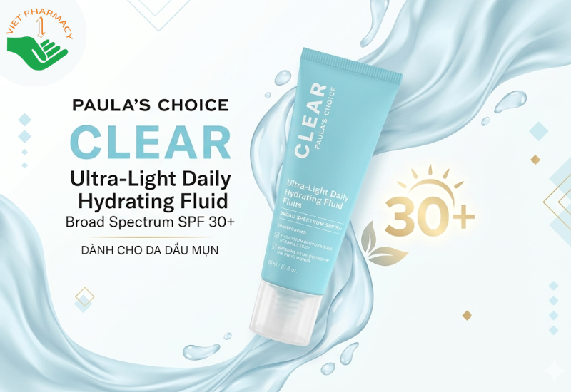 Kem chống nắng dạng sữa cho da dầu mụn Clear Ultra-Light Daily Hydrating Fluid Broad Spectrum SPF 30+ Paula's Choice dưỡng ẩm và phục hồi da (Tuýp 60ml)