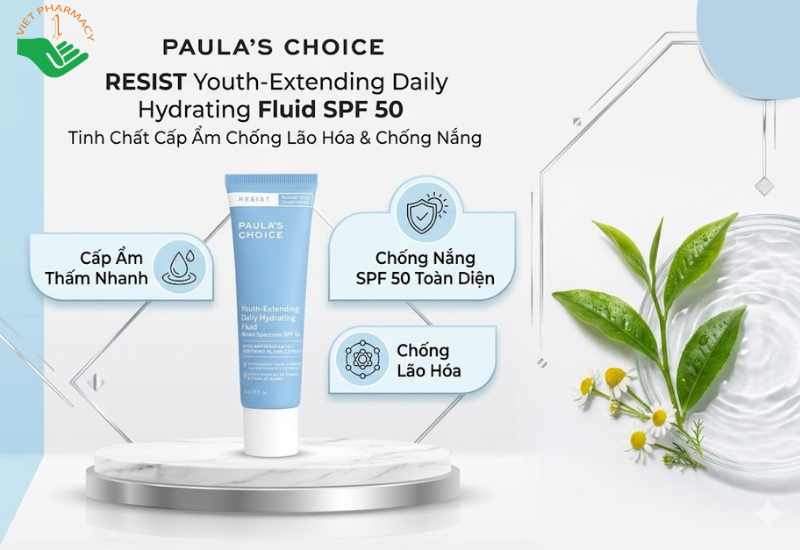 Kem chống nắng dạng sữa SPF 50 Resist Youth-Extending Daily Hydrating Fluid Broad Spectrum SPF 50 Paula's Choice giúp dưỡng ẩm và giảm nếp nhăn trên da (Tuýp 60ml)