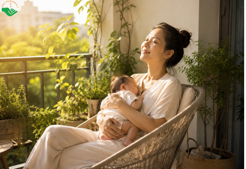Mẹ sau sinh ôm bé tắm nắng buổi sáng
