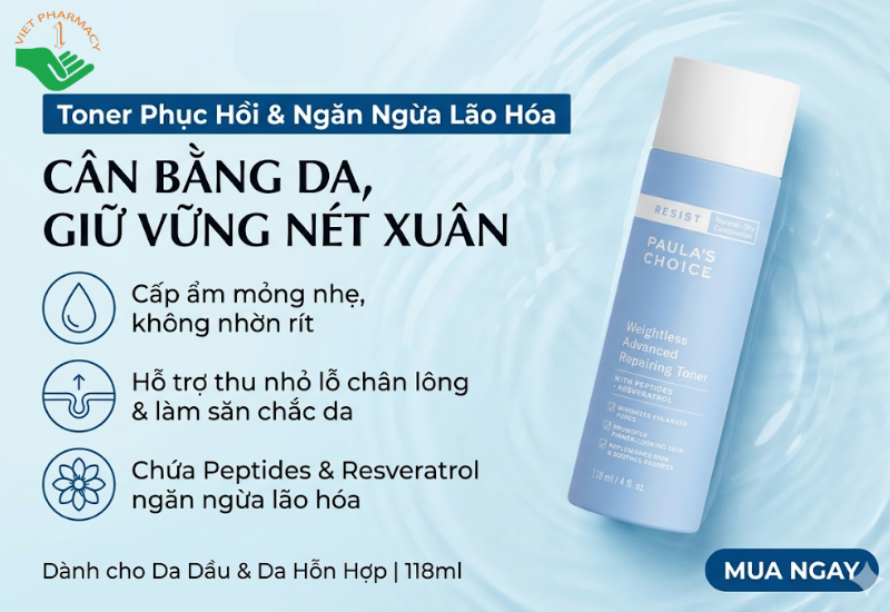 Nước cân bằng cho da dầu Resist Weightless Advanced Repairing Toner Paula's Choice giúp ngăn ngừa các dấu hiệu lão hóa trên da (Chai 118ml)